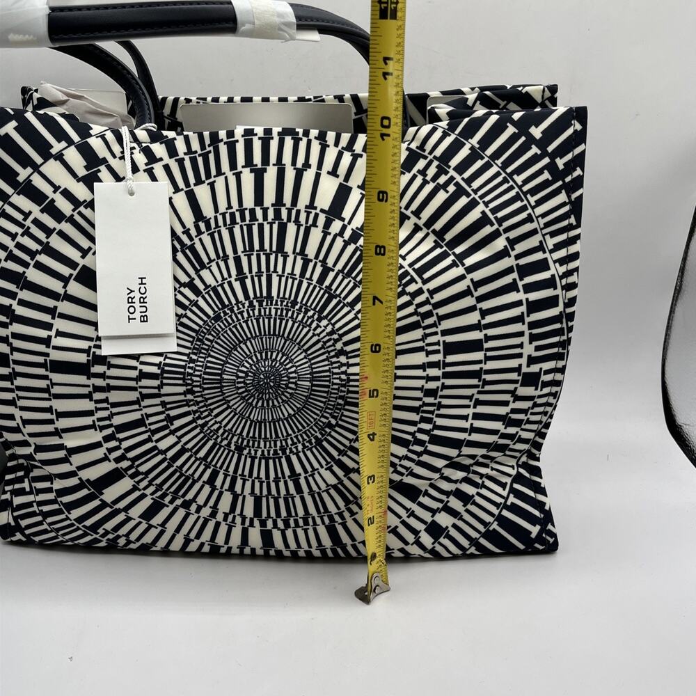 Tory Burch Ella Printed Tote Bag Navy Blue Beige Circles Gingham Nylon Leather - Picture 8 of 12